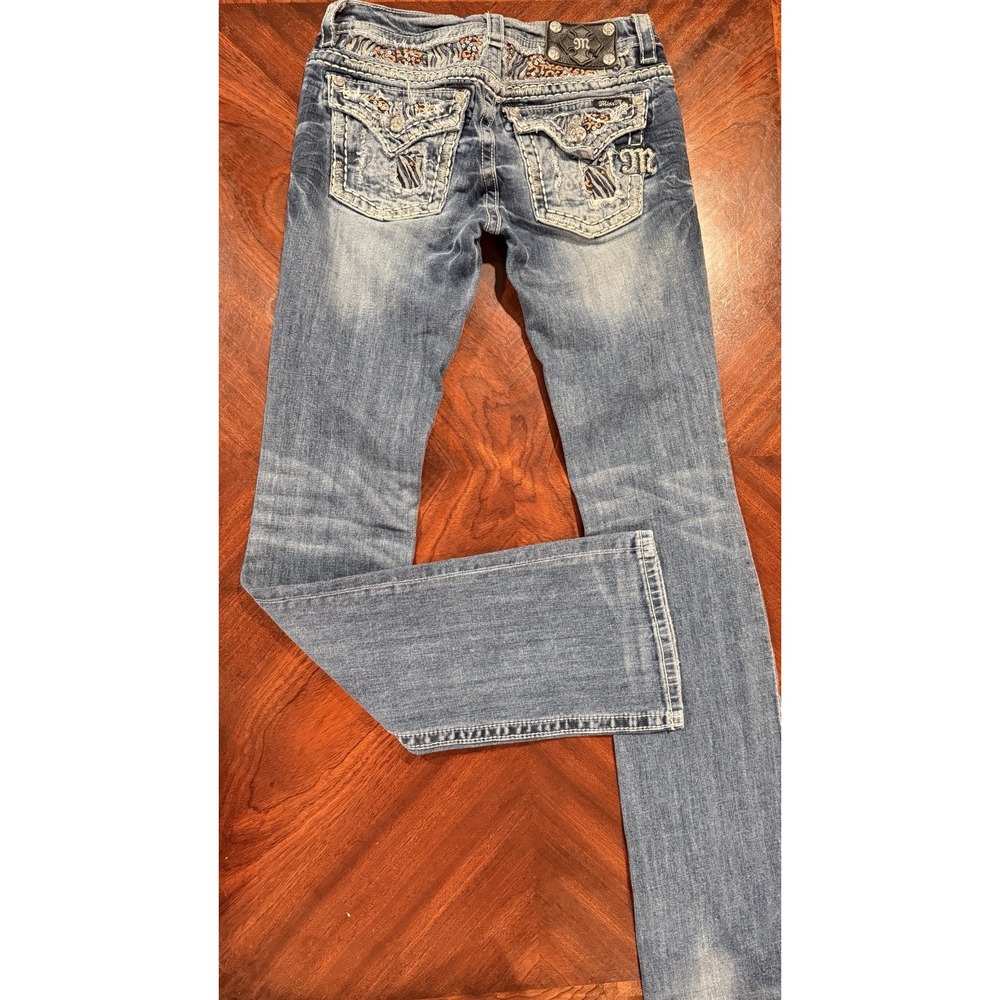 Miss Me Jeans Womens 28 x 34 Signature Bootcut Rhinestone Leopard Distressed